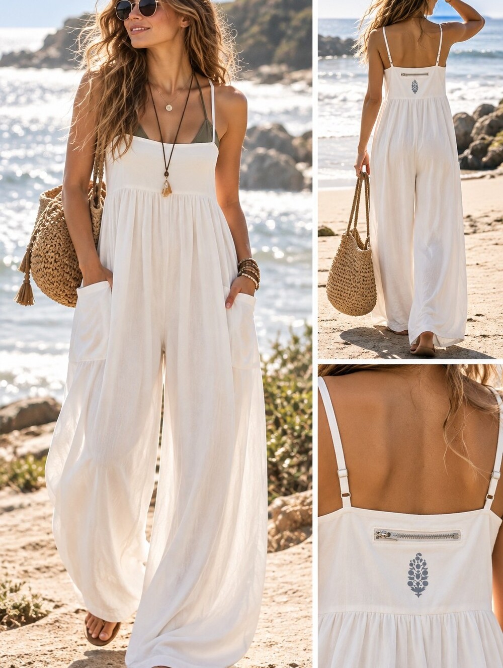 FP Movement by Free People White Sleeveless Jumpsuit with Pockets